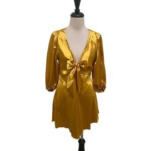 Vonda Women's Satin Bow Deep V-neck 3/4 Sleeve A-Line Dress Gold Medium NWT
